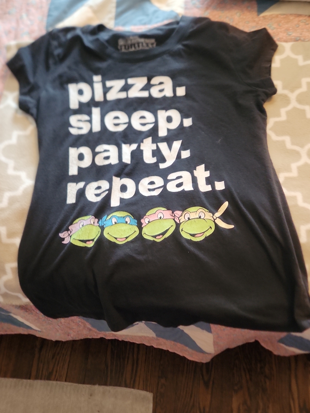 Nickelodeon Black Teenage Mutant Ninja Turtles Pizza Sleep Party Repeat Tee